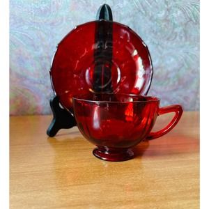Vintage Ruby Red glass tea cup and saucer set by New Martensville glass